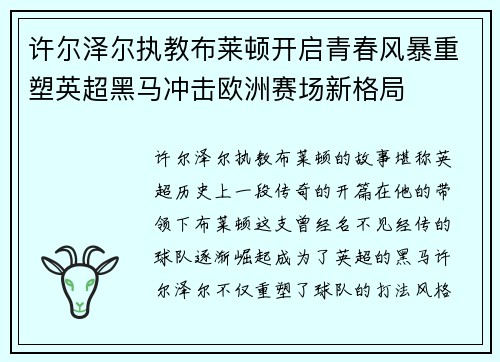 许尔泽尔执教布莱顿开启青春风暴重塑英超黑马冲击欧洲赛场新格局