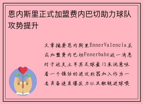 恩内斯里正式加盟费内巴切助力球队攻势提升