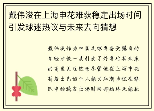 戴伟浚在上海申花难获稳定出场时间引发球迷热议与未来去向猜想